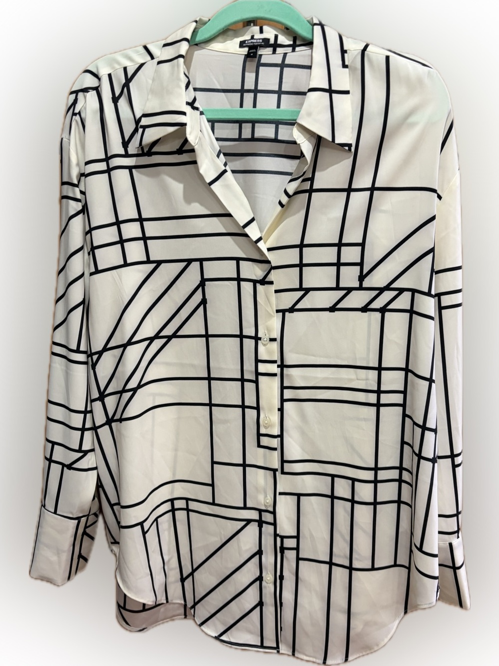 Express Portofino White and Black Grid-Print Button Down Shirt M